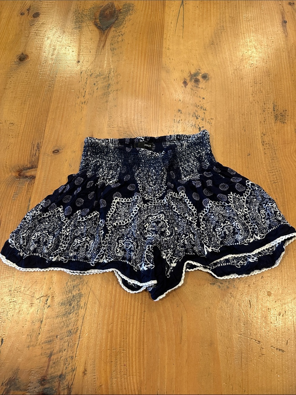 Aqua Navy and White Printed Smocked Waistpiece